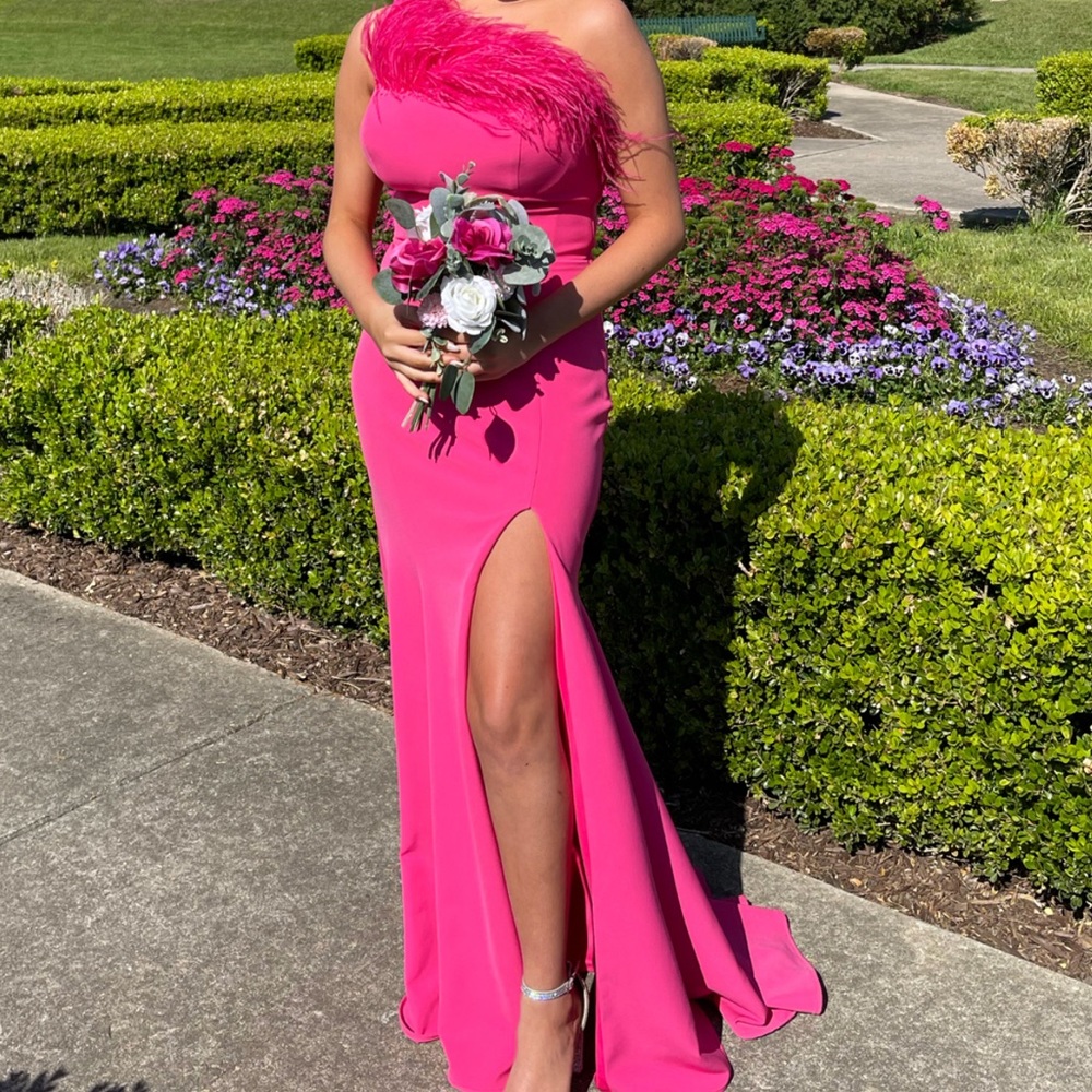 Pink Prom dress with feather detailing